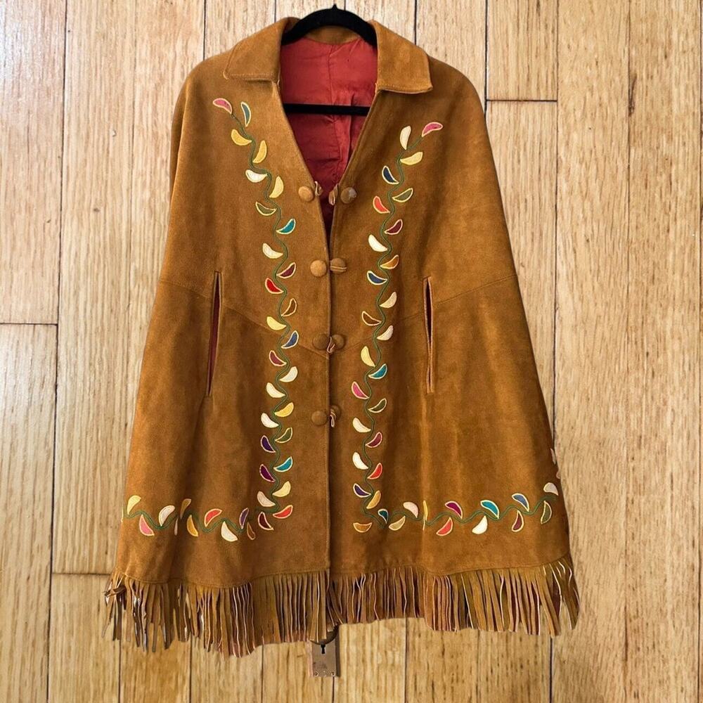 Vintage Leather Fringe Embroidered Cape Western Indian One Size Large - Picture 16 of 16